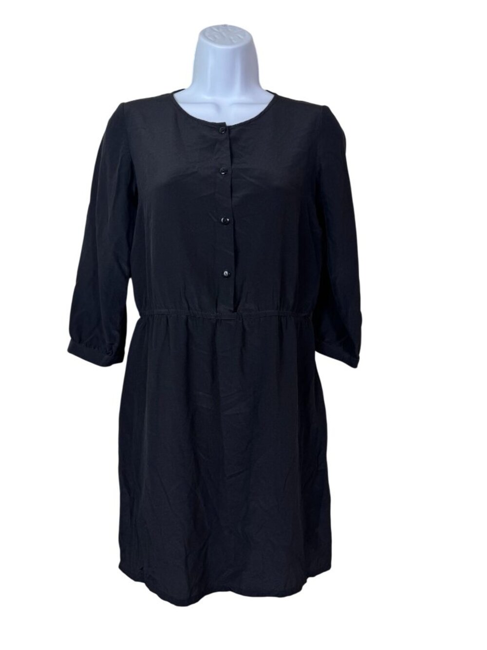 Amour Vert Black 100% Silk Button Front Dress 3/4 Sleeves Size Small Knee Length